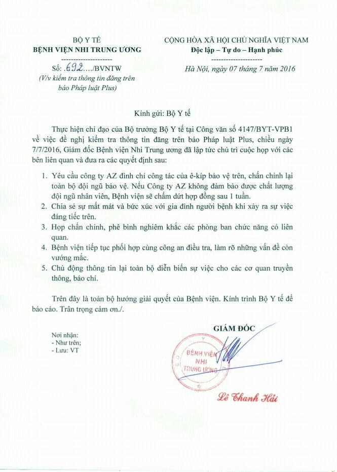 Văn bản Bệnh viện Nhi TW báo cáo tới Bộ Y tế.