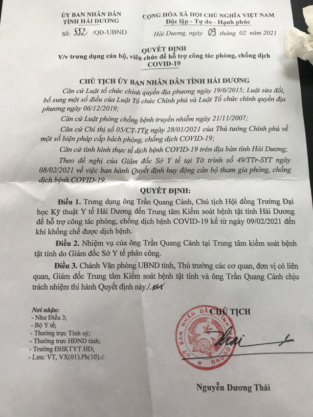 Quyết định về việc trưng dụng TS Trần Quang Cảnh để hỗ trợ công tác phòng chống dịch.