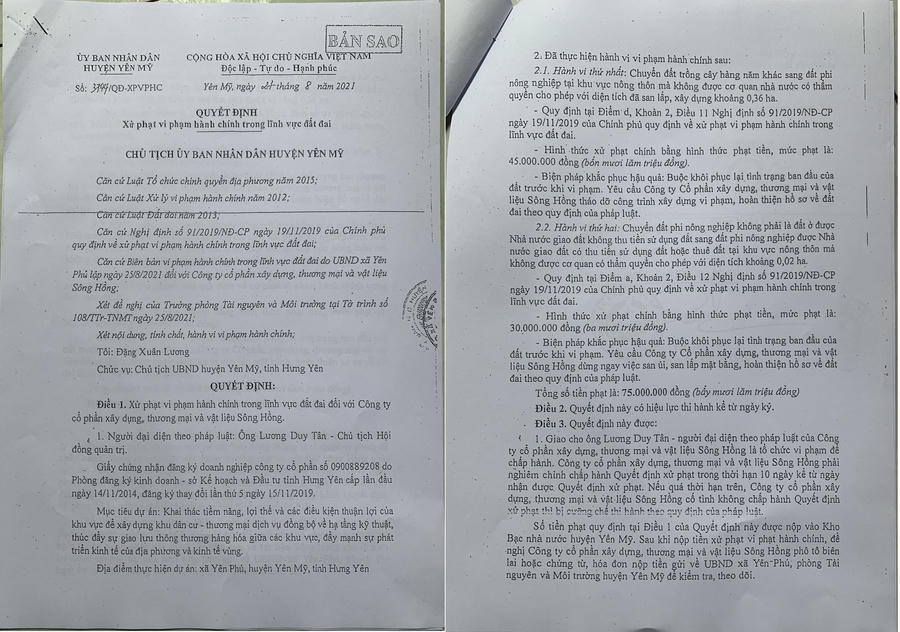 Chủ tịch UBND huyện Yên Mỹ ra Quyết định xử phạt vi phạm hành chính trong lĩnh vực đất đai đối với Công ty cổ phần xây dựng, thương mại và vật liệu Sông Hồng.