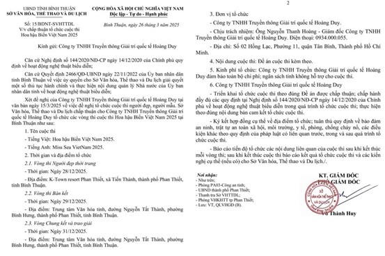 Văn bản chấp thuận tổ chức cuộc thi Hoa hậu Biển Việt Nam 2025.