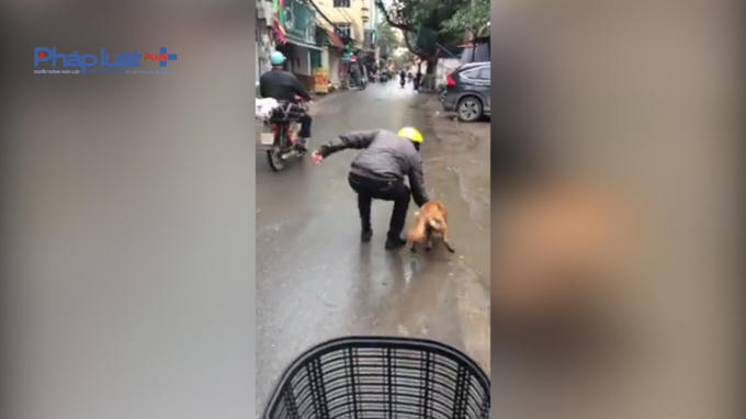 Người đàn ông dìm đầu chú chó xuống vũng nước. (Ảnh chụp từ clip).