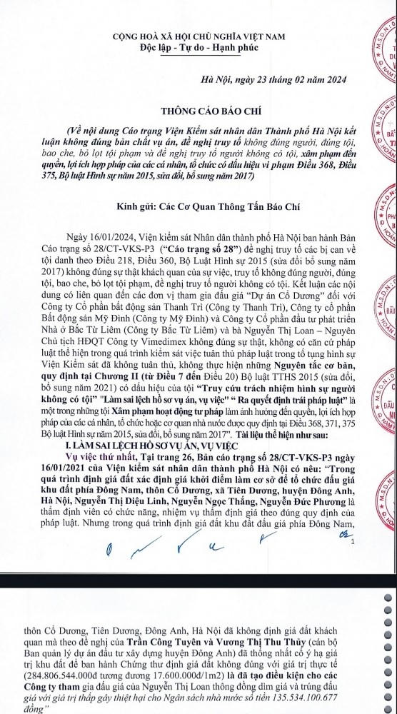 Thông cáo báo chí do 3 doanh nghiệp tham gia đấu giá đất Cổ Dương phát hành ngày 23/2.
Thông cáo báo chí do 3 doanh nghiệp tham gia đấu giá đất Cổ Dương phát hành ngày 23/2.