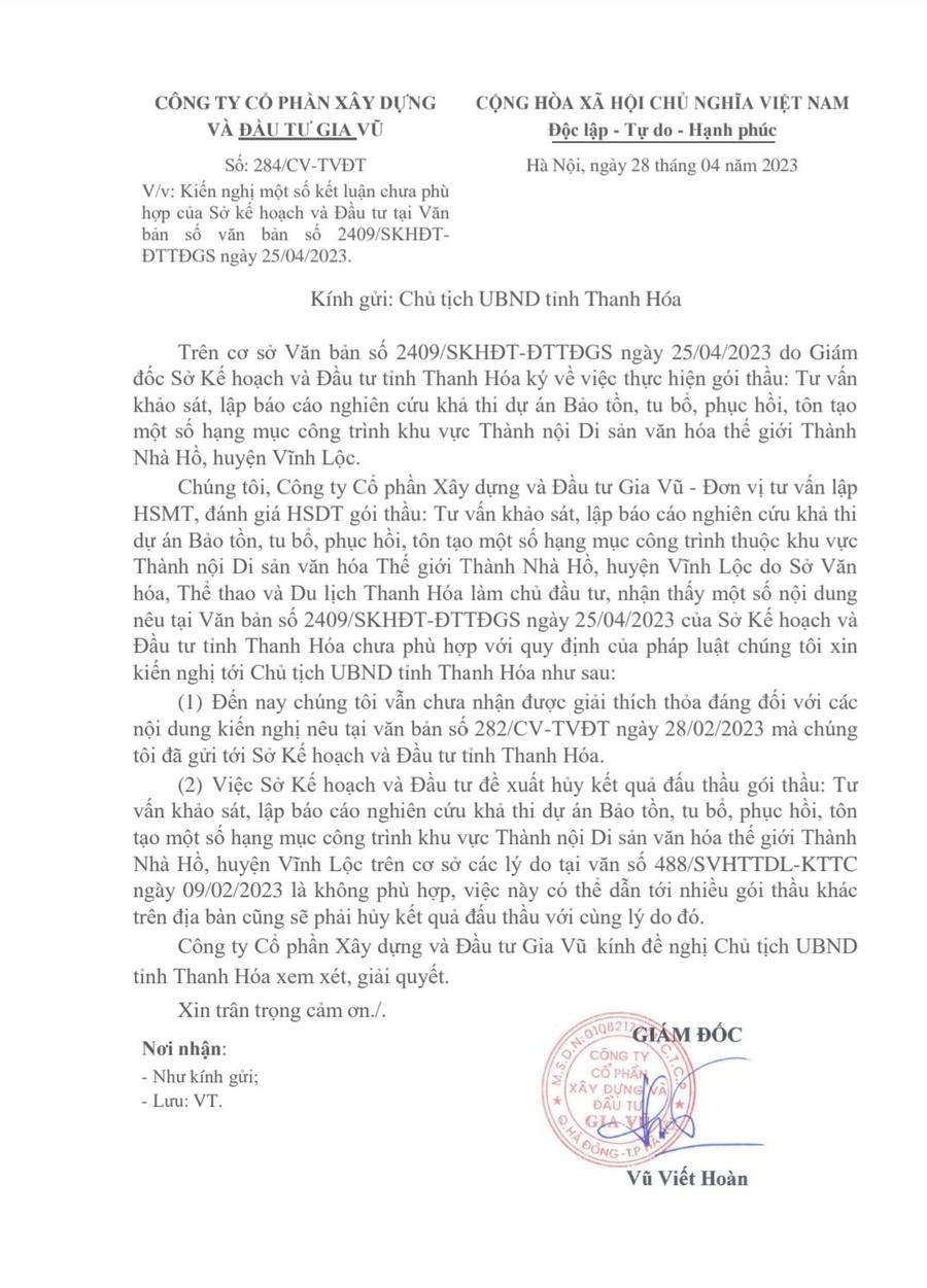 Công văn số 284/CV-TVĐT ngày 28/02/2023 của Cty Gia Vũ gửi Chủ tịch UBND tỉnh Thanh Hóa.