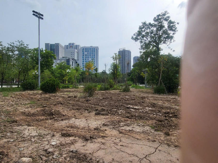 Khu vực trồng mới cây xanhh đang thi công dang dở.