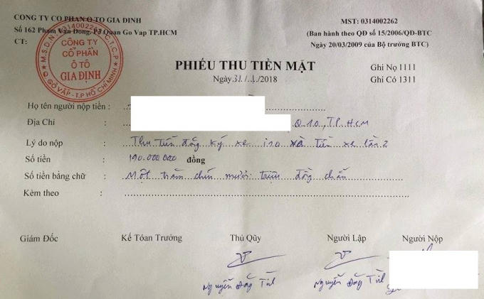 Phiếu thu tiền mặt của Huyndai Gia Định.