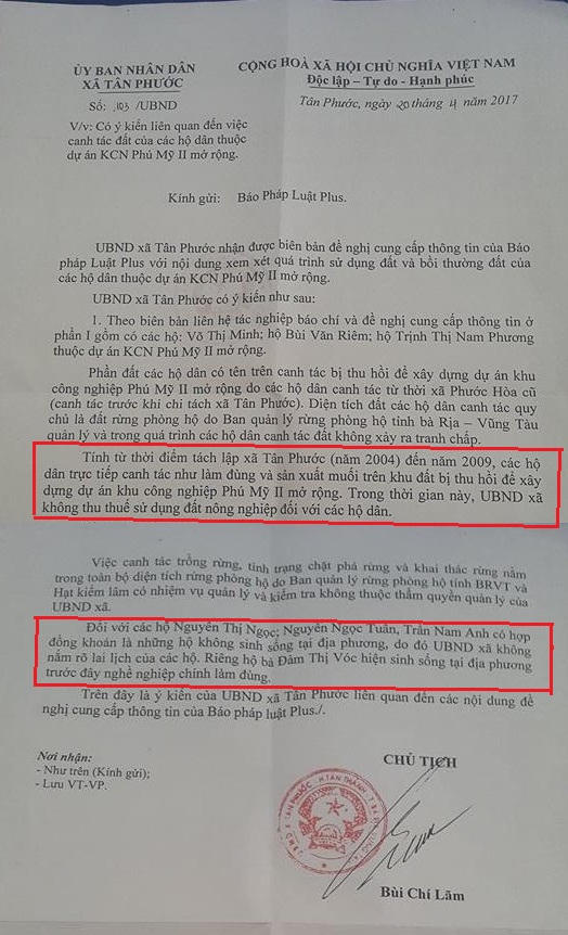 Văn bản số 103/UBND của UBND xã Tân Phước.