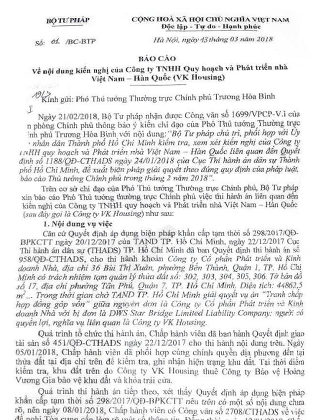 B&aacute;o c&aacute;o của Bộ Tư ph&aacute;p gửi Ph&oacute; Thủ tướng thường trực.