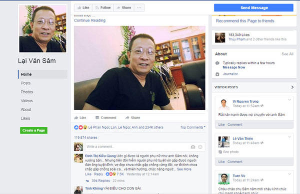 Dù không dùng facebook nhưng MC Lại Văn Sâm vẫn bị mạo danh. Hình ảnh một fanpage Lại Văn Sâm đang được nhiều người theo dõi.