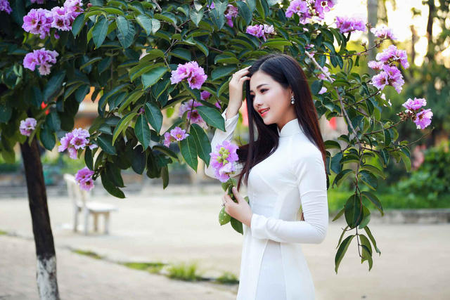 Thiếu nữ H&agrave; th&agrave;nh đẹp dịu d&agrave;ng b&ecirc;n hoa bằng lăng