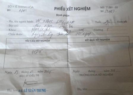 Phiếu xét nghiệm mang tên cháu bé sơ sinh là Vũ Ngọc Duy Anh