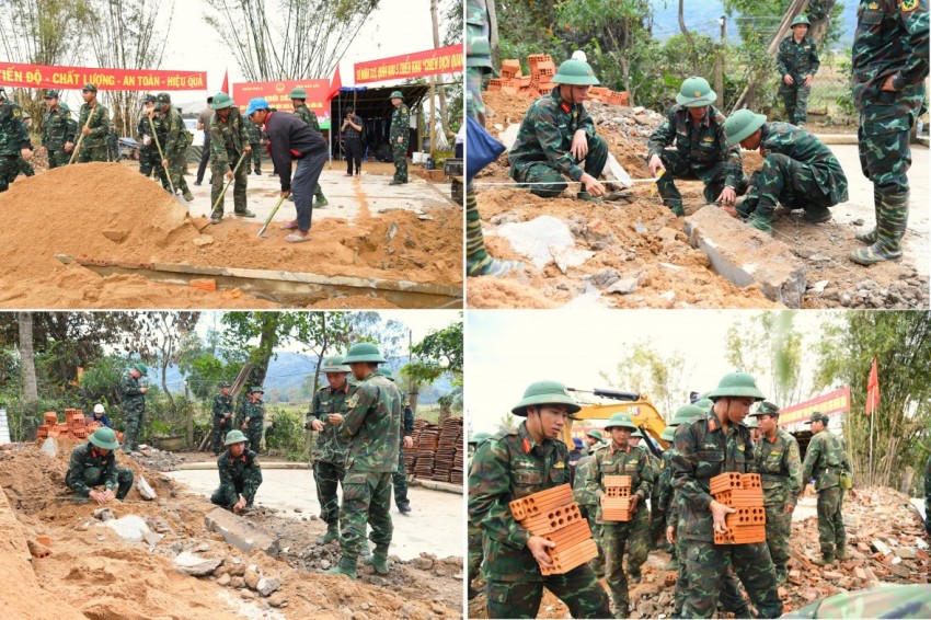 Lực lượng quân đội khẩn trương sửa chữa, xây dựng lại nhà cho người dân.