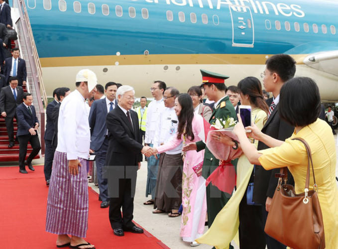 Đây cũng là chuyến thăm của Tổng Bí thư của Đảng Cộng sản Việt Nam tới Myanmar sau 20 năm kể từ chuyến thăm của Tổng Bí thư Đỗ Mười vào năm 1997 (Ảnh:TTXVN)