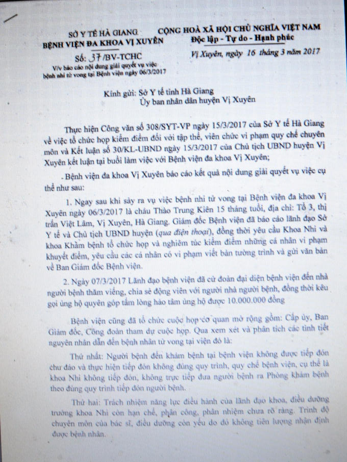 Vụ bé 15 tháng tử vong ở Hà Giang: Bệnh viện đề nghị cảnh cáo, khiển trách nhiều cá nhân