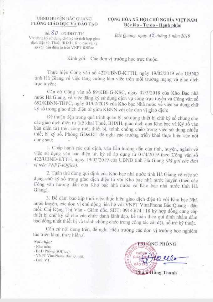 Văn bản số 80/PGDĐT-TH của Trưởng phòng GD&amp;ĐT huyện Bắc Quang ông Phạm Hồng Thanh ký gửi các trường trực thuộc bị yêu cầu thu hồi.