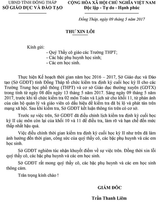 Ngay sau sự việc xảy ra, Giám đốc Sở GD-ĐT tỉnh Đồng Tháp, ông Trần Thanh Liêm có thư xin lỗi các phụ huynh, học sinh và giáo viên trên địa bàn tỉnh Đồng Tháp.
