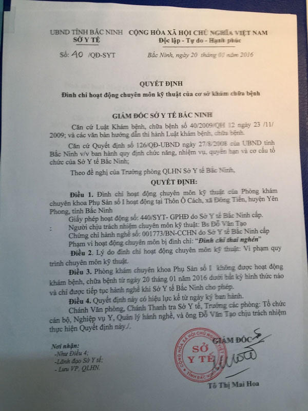 Sau khi kiểm tra, ra soát, Sở Y tế tỉnh Bắc Ninh đã phát hiện và đình chỉ hoạt động của một phòng khám không phép.