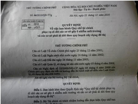 Văn bản 86/2010/QĐ – TTg của Thủ tướng Chính phủ ban hành ngày 22/12/2010.