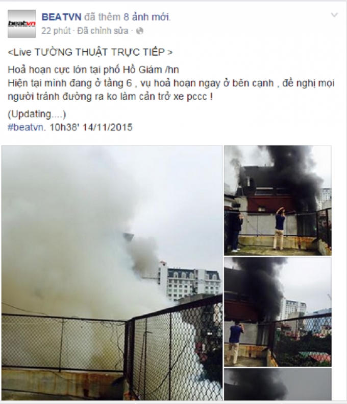 Thông tin ban đầu về vụ cháy trên phố Hồ Giám. Nguồn: BEATVN