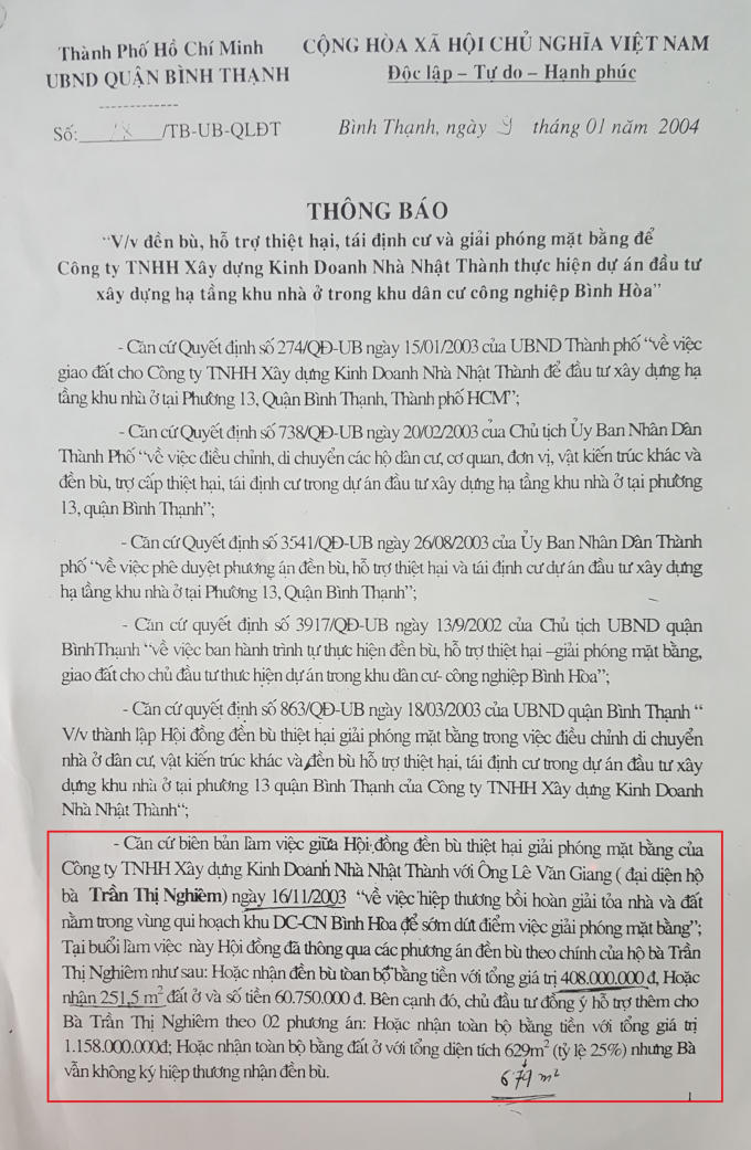 Thông đền bù năm 2004 cho gia đình bà Nghiêm
