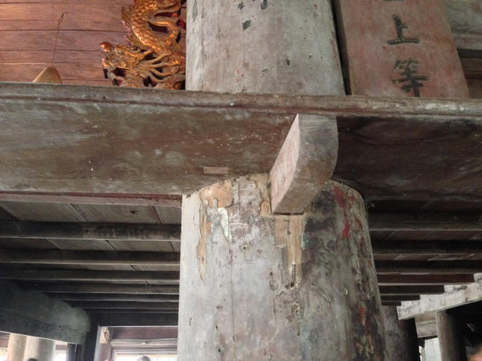 Hình ảnh cột đình làng bi mốc meo trắng xóa.