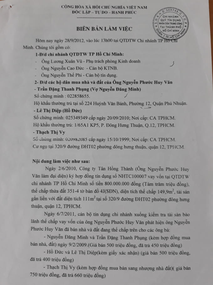 Biên bản làm việc giữa đại diện Chi nhánh Qũy tín dụng, các hộ dân và ông Văn.