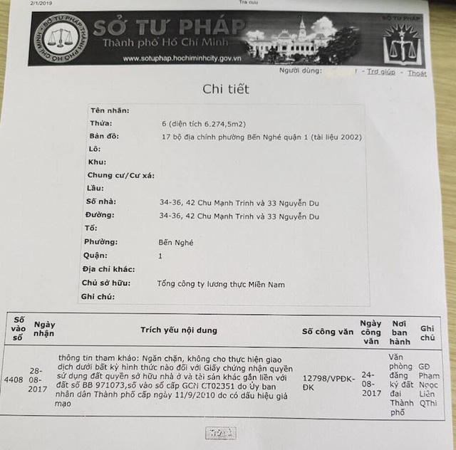 Theo Sở Tư pháp TPHCM, khu đất đang trong tình trạng ngăn chặn, không cho thực hiện giao dịch.