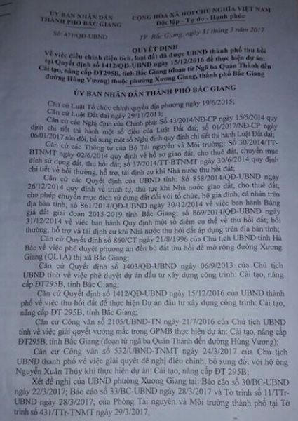 UBND TP Bắc Giang đã đồng ý bồi thường cho công dân 16,6m2 đất khi mà trước đó không bồi thường.