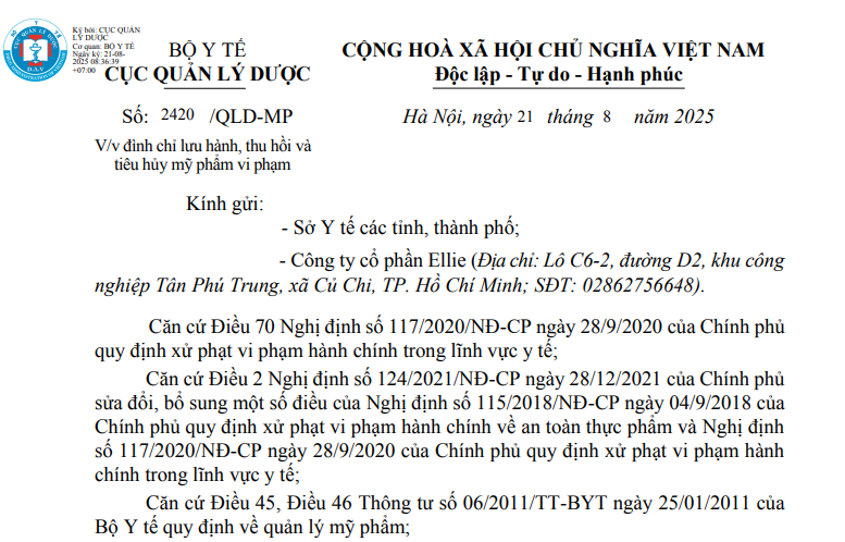 Một phần công văn gửi tới Sở Y tế các tỉnh, thành phố; Công ty Cổ phần Ellie về việc đình chỉ lưu hành, thu hồi và tiêu hủy mỹ phẩm vi phạm. (Ảnh chụp màn hình)
