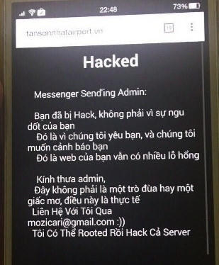 Nội dung xuất hiện trên website CHK QT Tân Sơn Nhất khi bị hacker tấn công.