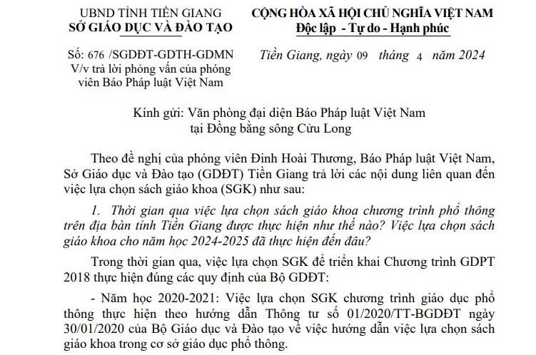 Văn bản Sở GD&ĐT tỉnh Tiền Giang trả lời Báo PLVN