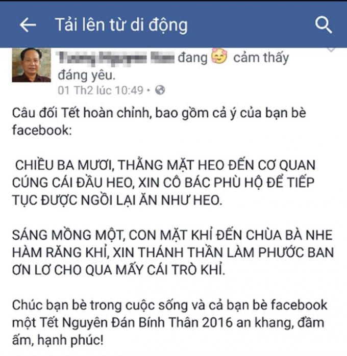 Hai câu đối trên facebook cá nhân Bác sĩ Nguyễn Văn