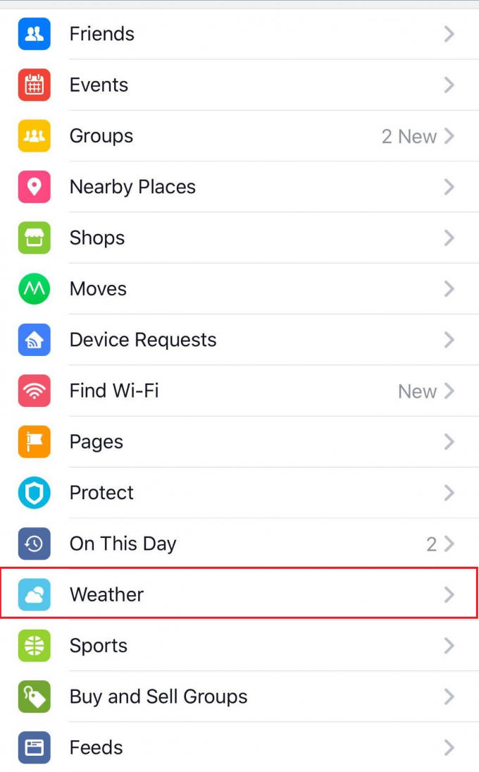 Tính năng "Thời tiết - Weather" trong phần "Mở rộng - More" của ứng dụng Facebook.