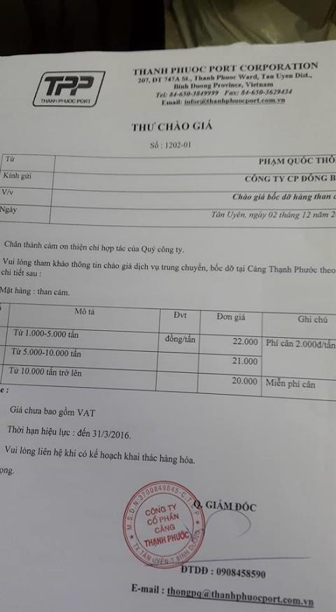 Bảng báo giá giữa 2 cảng để so sánh.