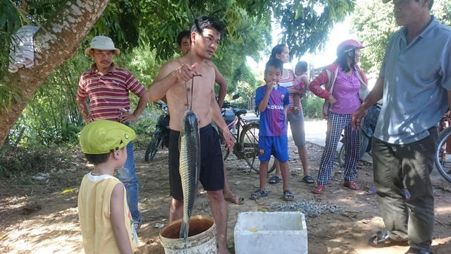 Người dân vớt cá đư lên bờ.
