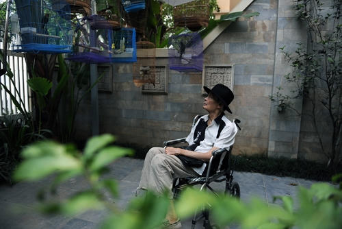 Tác giả "Hoa tím ngoài sân" vẫn toát lên vẻ lãng tử dù phải gắn mình trên chiếc xe lăn và không nói được đã nhiều năm nay.