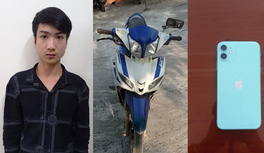 Đối tượng Mai Đức Châu cùng tang vật vụ cướp giật tài sản.