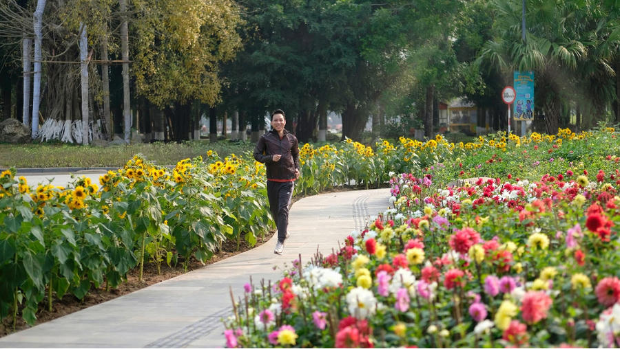 Anh Thành chạy giữa đường hoa đua nhau khoe sắc ở Ecopark. Ảnh: NVCC