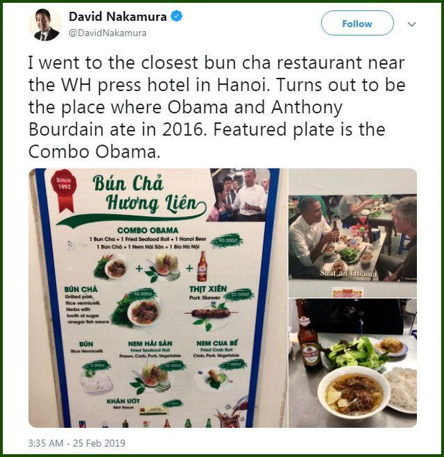 Nakamura đã nghe về món bún chả mà ông Obama từng thử tại Việt Nam. Thật tình cờ khi ông đặt chân vào một quán bún chả và phát hiện ra đó chính là nơi ông Obama từng dùng bữa. Nakamura gọi ngay một xuất “Combo Obama”.