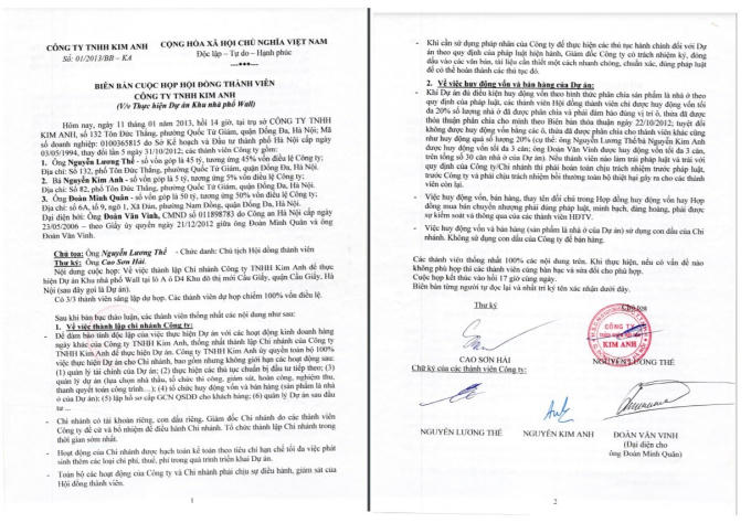 Biên bản họp Hội đồng thành viên của Công ty Kim Anh trước đó khẳng định ông Đoàn Minh Quân là thành viên có 50% vốn điều lệ
