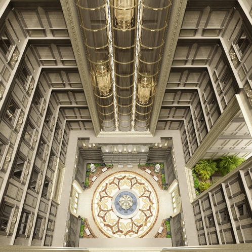 Giếng trời rộng 400m2 tại trung tâm công trình giúp đối lưu không khí thoáng đãng và cân bằng ánh sáng tự nhiên đến từng không gian nhỏ trong mỗi căn biệt thự.