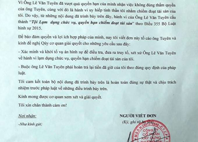 Đơn tố cáo của ông Hoàng Chí Minh - Giám đốc Công ty cổ phần xây dựng thương mại Mạnh Phú gửi cơ quan chức năng.