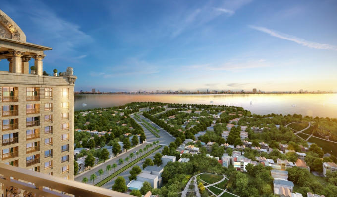 Tận hưởng trọn vẹn cảnh quan hồ Tây qua từng ô cửa sổ trong căn hộ D’. Le Roi Soleil
