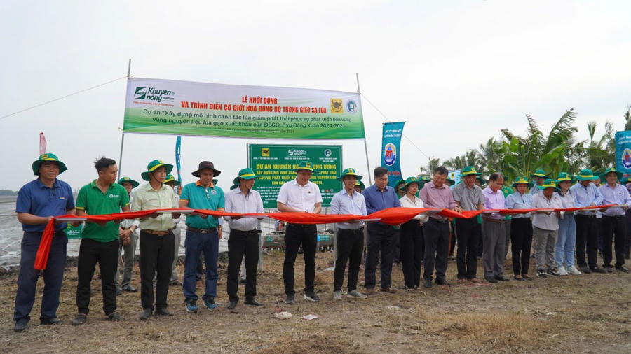 Các đại biểu cắt băng khởi động Dự án xây dựng mô hình canh tác lúa giảm phát thải phục vụ phát triển bền vững vùng nguyên liệu lúa gạo xuất khẩu vùng ĐBSLC.
