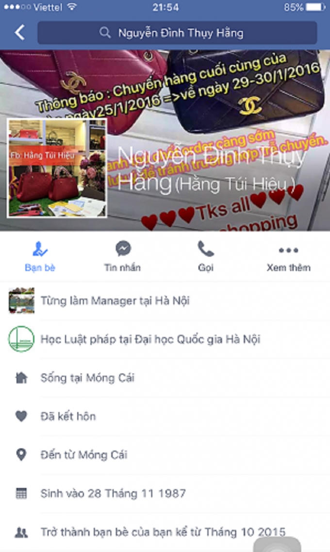 Trang Facebook cá nhân của Nguyễn Đình Thụy Hằng.