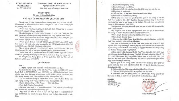 Quyết định số 221 về việc xử phạt vi phạm hành chính đối với BQT toà nhà N10 Hado Parkview vì lý do BQT thực hiện sai Quy chế hoạt động.