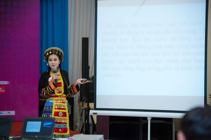 Trần Thị Thuỷ (SBD 234) thuyết trình về hồ Tà Đùng - "vịnh Hạ Long" của núi rừng Tây Nguyên, qua đó mong muốn quảng bá thắng cảnh của quê hương cô đến khán giả cả nước.