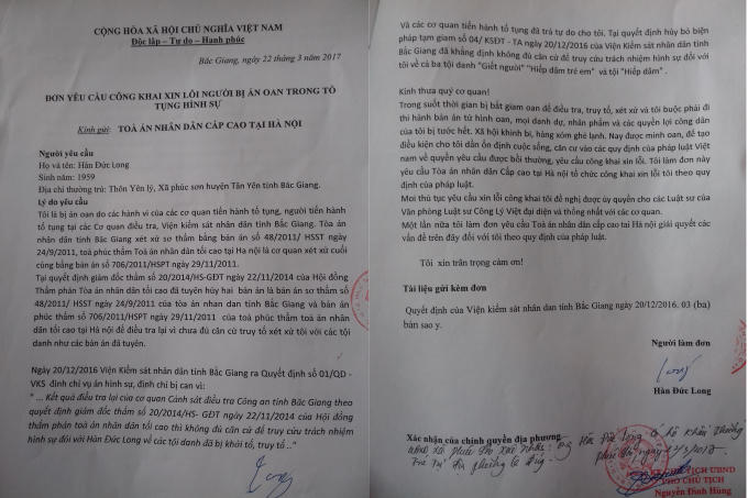 Đơn yêu cầu công khai xin lỗi của ông Hàn Đức Long gửi đến TAND cấp cao tại Hà Nội.