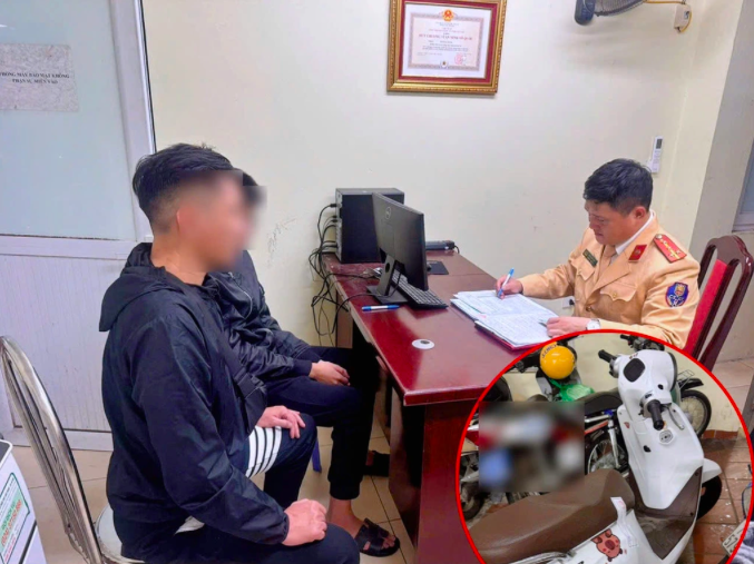 Em V. cùng phụ huynh tại cơ quan công an (Ảnh: Công an cung cấp).