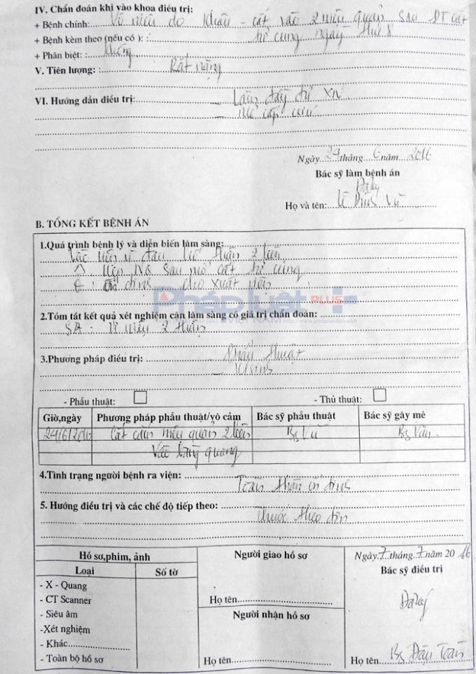 Bệnh án ngoại khoa của sản phụ Oanh khi nhập viện để mổ cấp cứu.