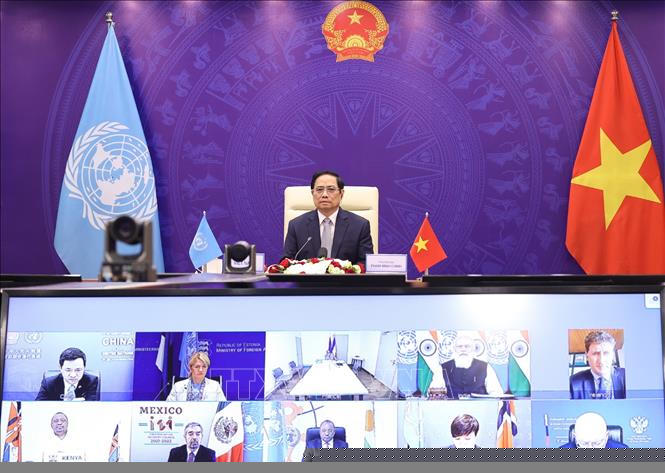 Thủ tướng Phạm Minh Chính phát biểu tại Phiên thảo luận mở Cấp cao của Hội đồng Bảo an Liên hợp quốc. Ảnh: Dương Giang/TTXVN.
